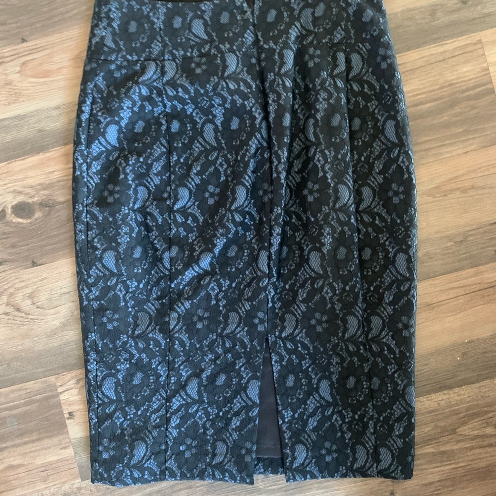 Express pencil skirt black and blue lace detail.